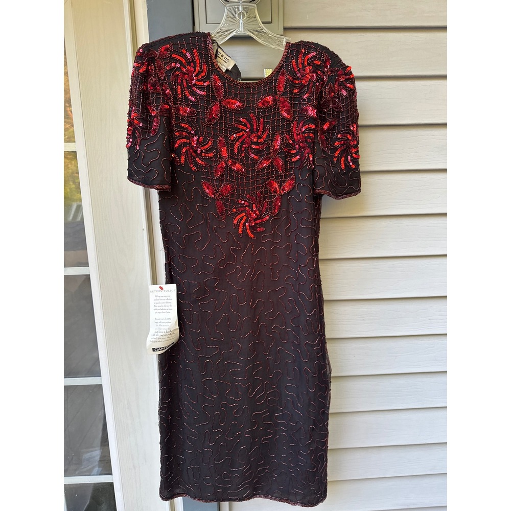 B2 & US Mark & John Silk Beaded Sequin Dress Red Black Vintage Gantos D-12148 S